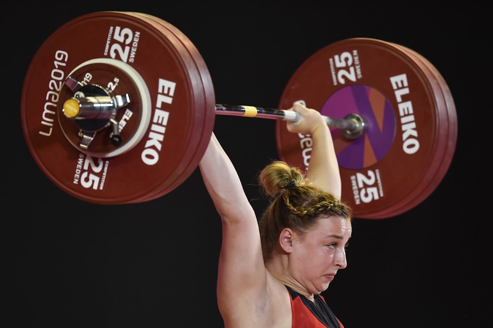 US Katherine Nye competes in the Women's 76 kg of the Weightlifting event during the Pan-American Ga...