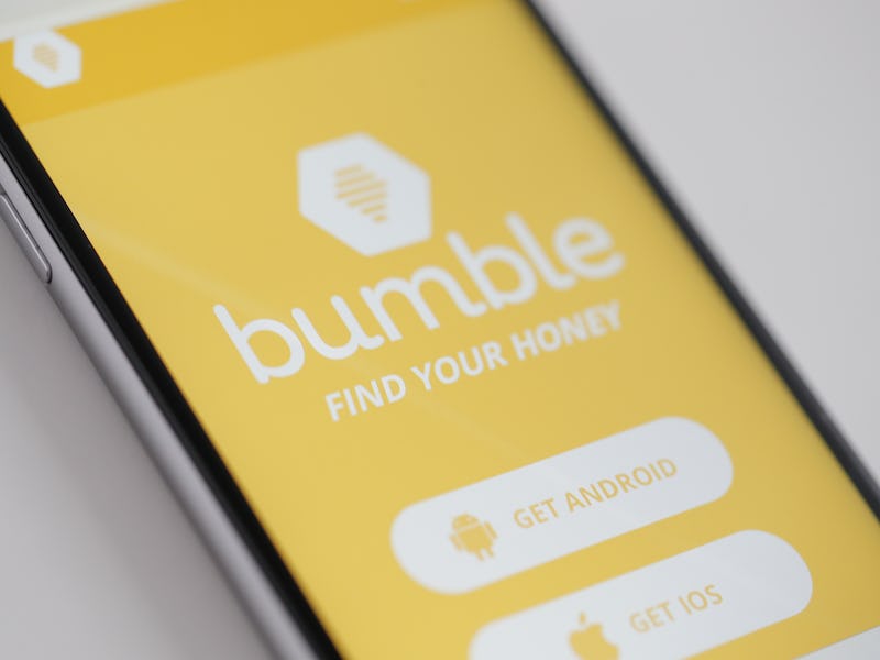 The Bumble app is seen on an iPhone on 16 March, 2017. The app is resembles Tindr in that it let's h...