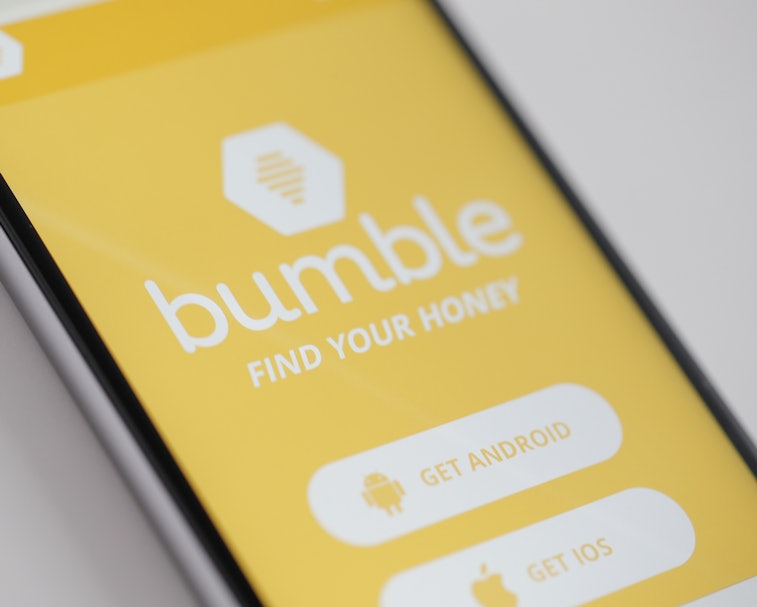 The Bumble app is seen on an iPhone on 16 March, 2017. The app is resembles Tindr in that it let's h...