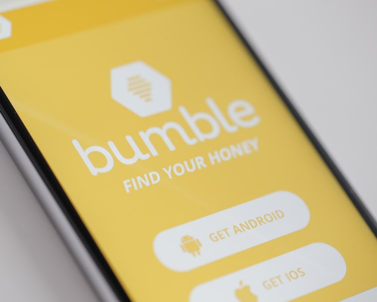 The Bumble app is seen on an iPhone on 16 March, 2017. The app is resembles Tindr in that it let's h...