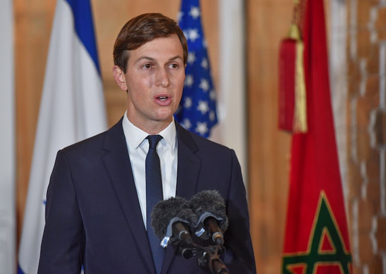 US Presidential advisor Jared Kushner delivers a speech upon his arrival, accompanied by the Israeli...