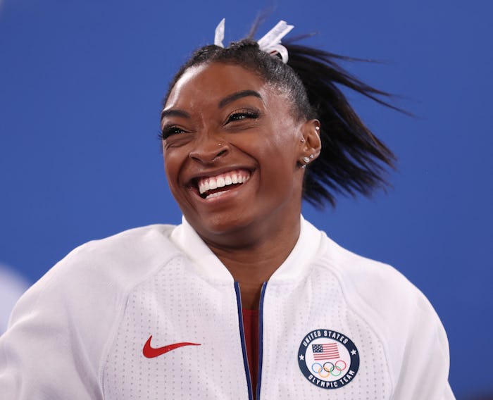 TOKYO, JAPAN - JULY 27: Simone Biles of Team United States reacts during the Women's Team Final on d...