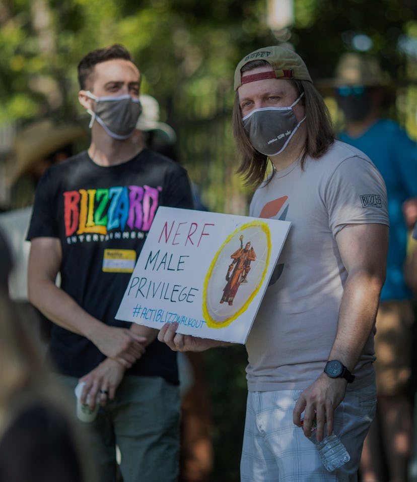 Employees of the video game company, Activision Blizzard, hold a walkout and protest rally to denoun...