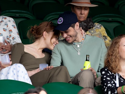 LONDON, ENGLAND - JULY 03: Phoebe Dynevor and Pete Davidson hosted by Lanson attend day 6 of the Wimbledon Tennis Championships at the All England Lawn Tennis and Croquet Club on July 03, 2021 in London, England. (Photo by Karwai Tang/WireImage)