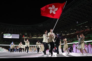 Olympic delegation of Hong Kong, China parade into the Olympic Stadium during the opening ceremony o...