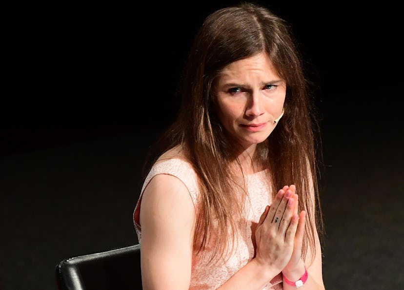 US journalist Amanda Knox reacts after she addressed a panel discussion titled "Trial by Media" duri...