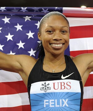 Allyson Felix of the US celebrates after winning the women's 400m race at the Diamond League Weltkla...