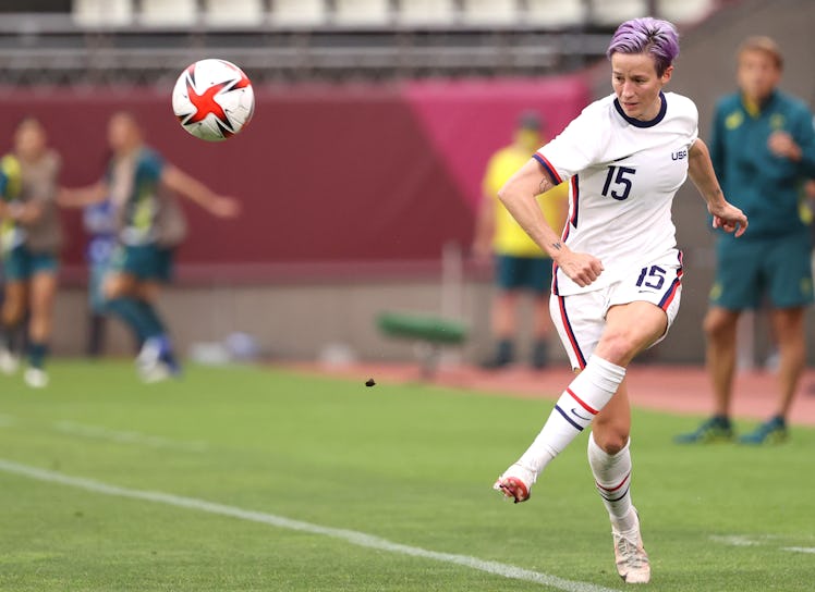 KASHIMA, JAPAN - JULY 27: Megan Rapinoe #15 of Team United States kicks the ball against Australia d...
