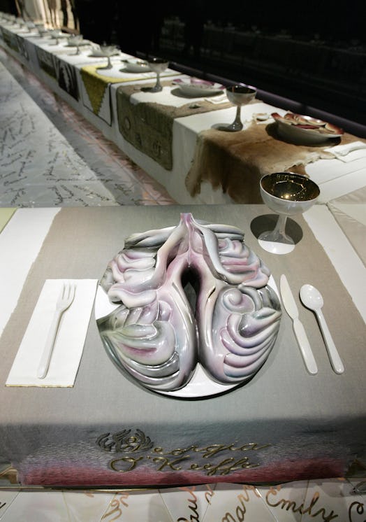 New York, UNITED STATES: Detail of "The Dinner Party" (1979) by American artist Judy Chicago, is sho...