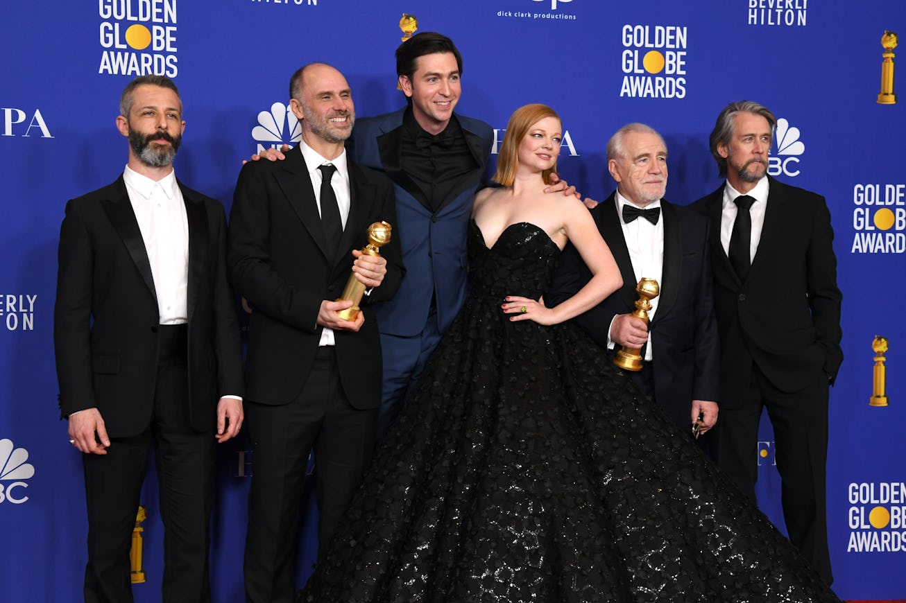 BEVERLY HILLS, CALIFORNIA - JANUARY 05: (L-R) Jeremy Strong, Jesse Armstrong, Nicholas Braun, Sarah ...