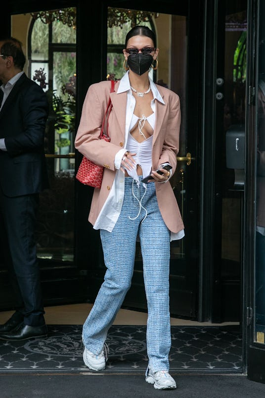 PARIS, FRANCE - JULY 01: Model Bella Hadid is seen on July 01, 2021 in Paris, France. (Photo by Marc...