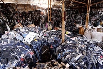 garment leftovers (waste) at a jhoot godown in saver near Dhaka. Recycling of waste raw materials le...
