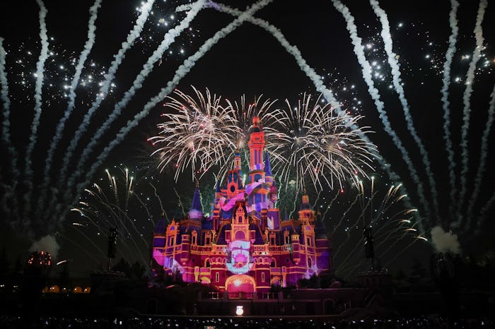SHANGHAI, CHINA - JUNE 15: Fireworks explode over the Shanghai Disney Resort during the 5th anniver...