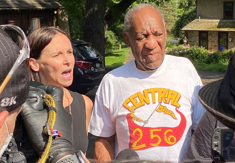 CHELTENHAM, PENNSYLVANIA - JUNE 30: Attorney Jennifer Bonjean and Bill Cosby speak outside of Bill C...