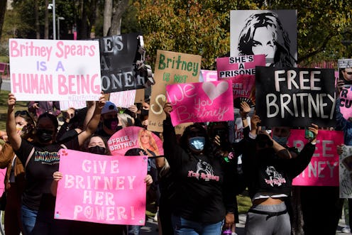 Supporters of the FreeBritney movement rally in support of musician Britney Spears following a conse...