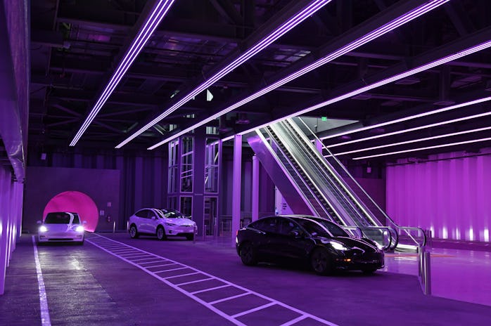 LAS VEGAS, NEVADA - APRIL 09:  Tesla cars are shown in the Central Station during a media preview of...