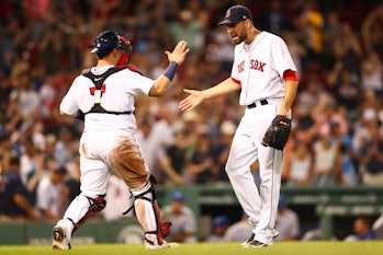 BOSTON, MA - JUNE 29:  Matt Barnes #32 and Christian Vázquez #7 of the Boston Red Sox celebrate afte...