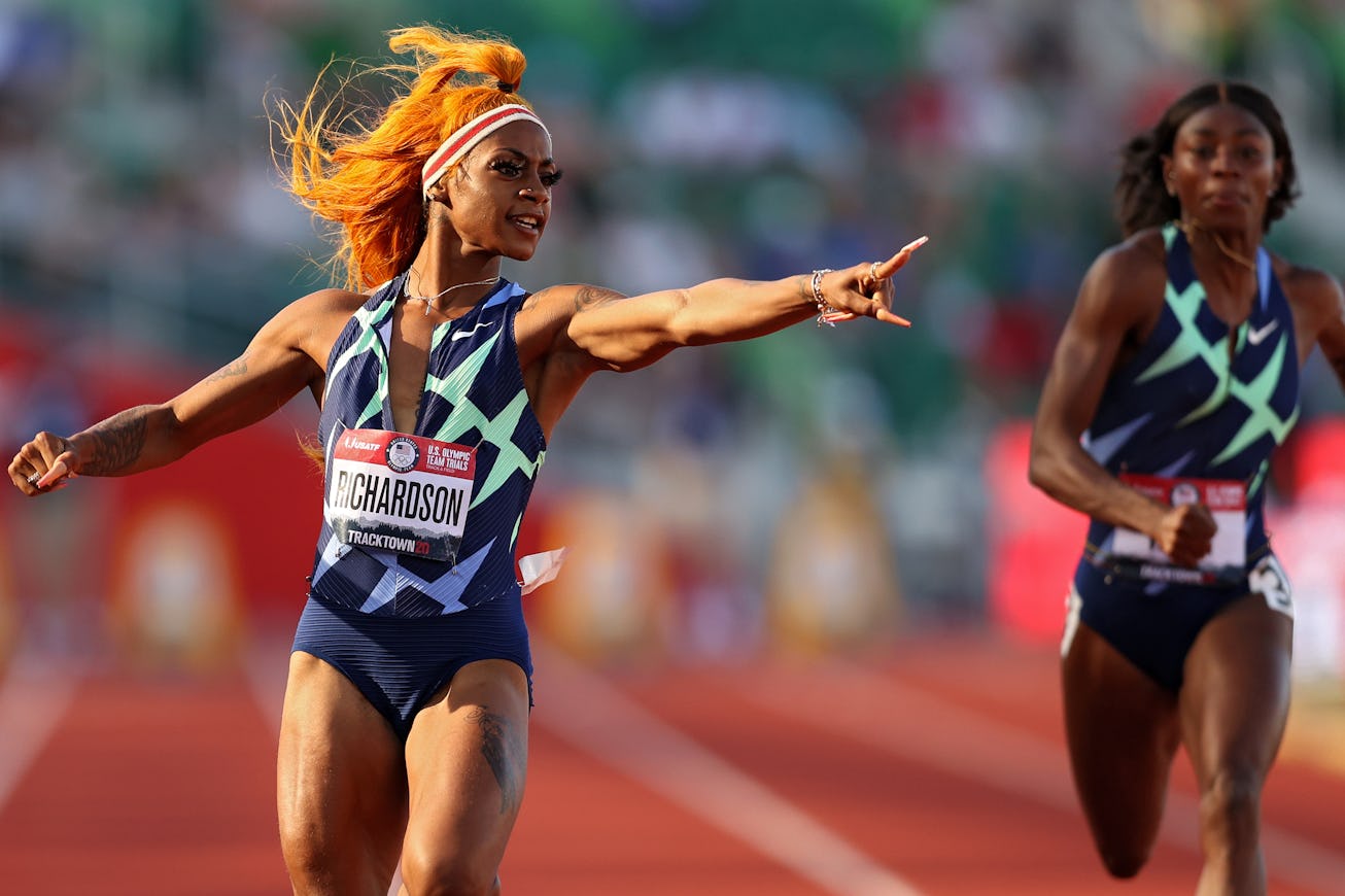 EUGENE, OREGON - JUNE 19: Sha'Carri Richardson reacts after competing in the Women's 100 Meter Semi-...