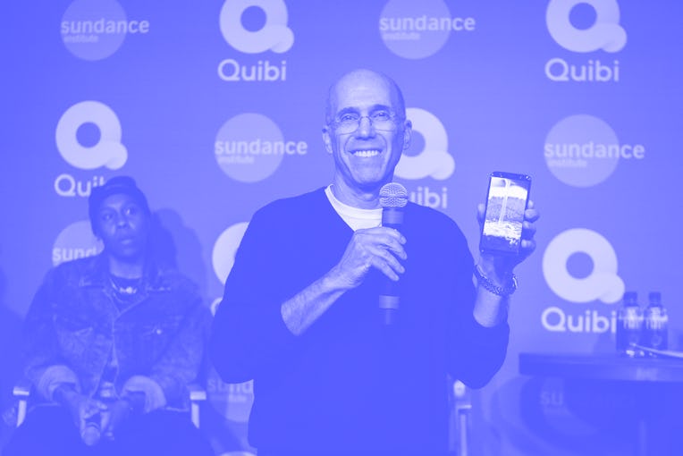 PARK CITY, UTAH - JANUARY 24: Jeffrey Katzenberg demonstrates Quibi's Turnstyle technology at Sundan...