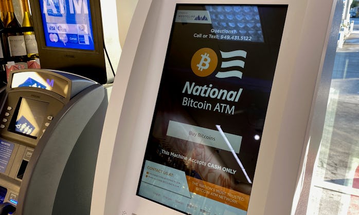 A Bitcoin ATM is seen inside a gas station in Los Angeles, California on June 24, 2021. (Photo by Ch...