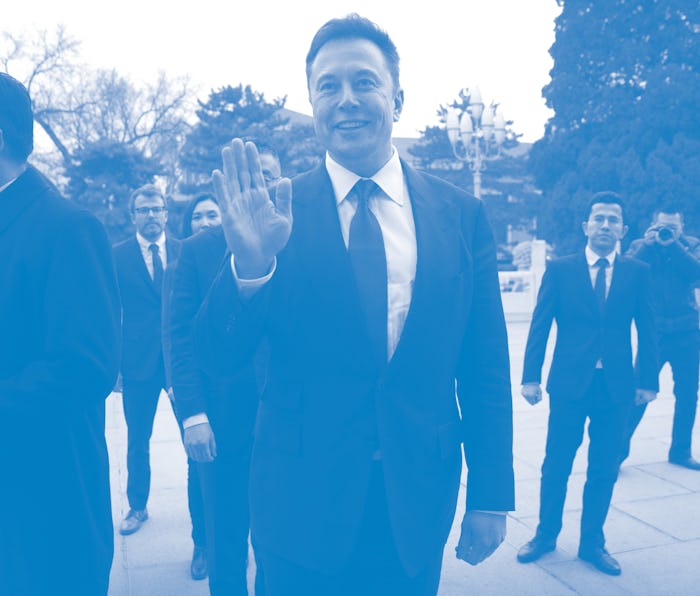 BEIJING, CHINA - JANUARY 09: Tesla CEO Elon Musk, center, waves as he waits for a meeting with Chine...