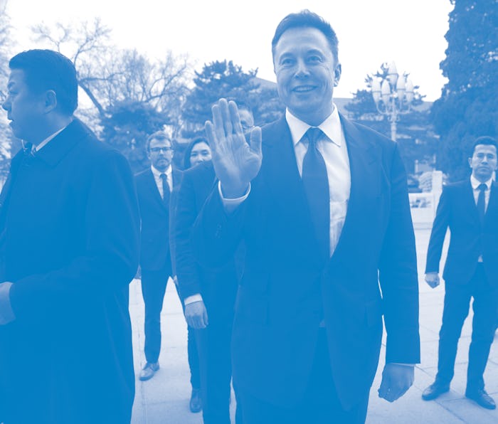BEIJING, CHINA - JANUARY 09: Tesla CEO Elon Musk, center, waves as he waits for a meeting with Chine...