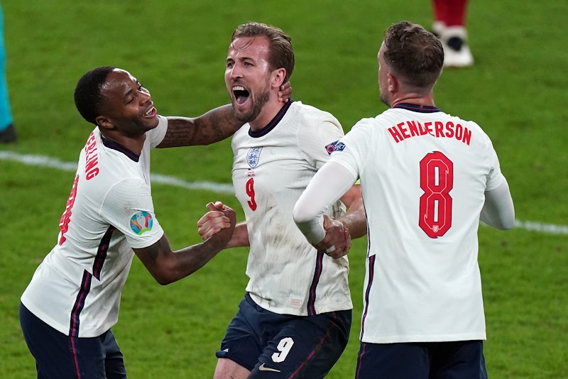 Englands Raheem Sterling, Harry Kane and Jordan Henderson celebrate winning the UEFA Euro 2020 semi ...