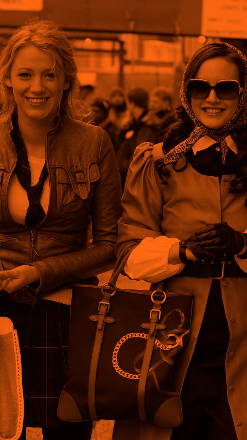 NEW YORK - MARCH 14: Actresses Blake Lively and Leighton Meester on location for "Gossip Girl" on M...