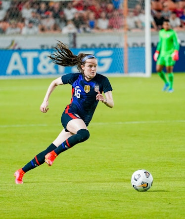  Rose Lavelle, #16 of the United States, dribbling the ball during the first half of the 2021 WNT Su...
