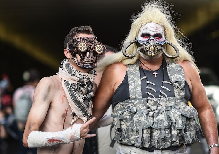 NEW YORK, NY - OCTOBER 07:  Comic Con cosplayers dressed as characters from "Mad Max" pose during th...