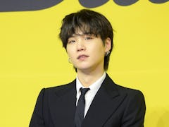 SEOUL, SOUTH KOREA - MAY 21: Suga of BTS attends a press conference for BTS's new digital single 'Bu...