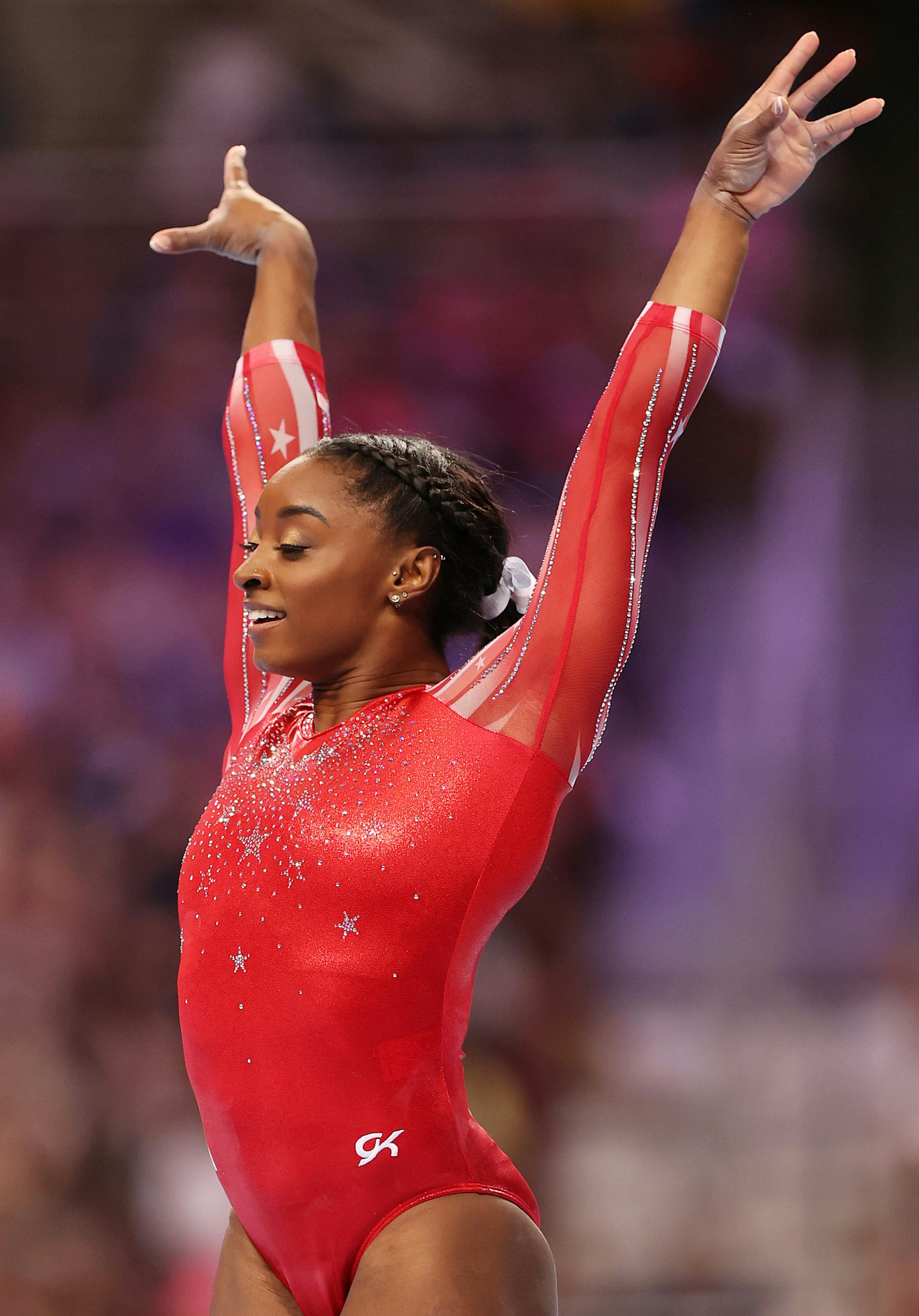 ST LOUIS, MISSOURI - JUNE 27: Simone Biles competes in the floor exercise during the Women's competi...