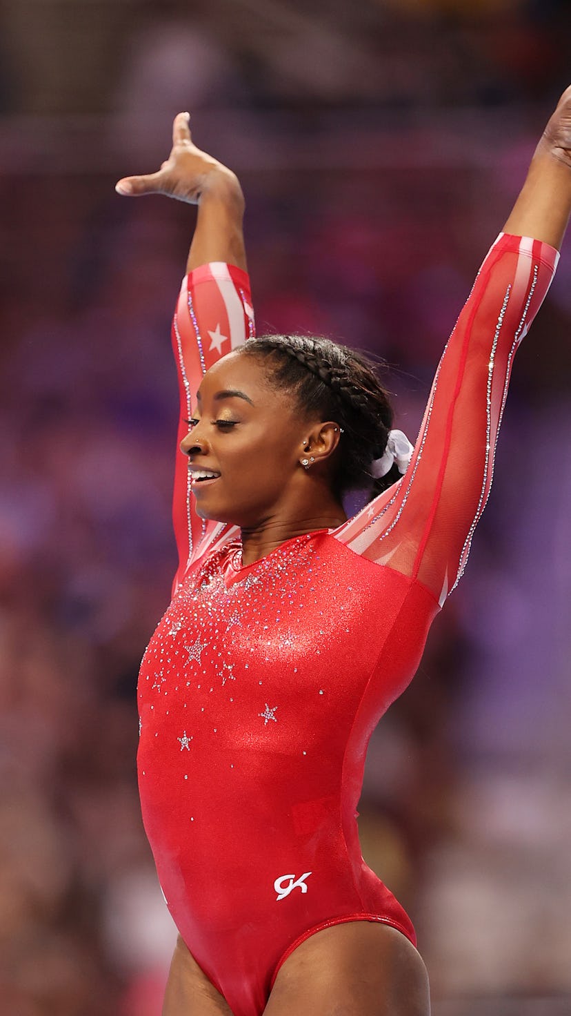 ST LOUIS, MISSOURI - JUNE 27: Simone Biles competes in the floor exercise during the Women's competi...