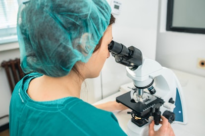 fertility testing, Female scientist looking through a microscope