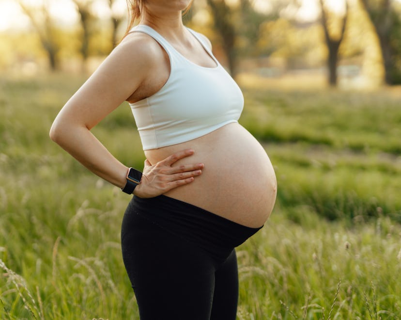 Portrait of pregnant unrecognisable woman relaxing in park.