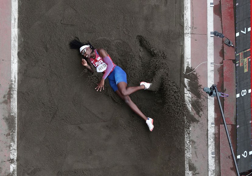 Brittney Reese of the United States competes during the women's long jump final at Tokyo 2020 Olympi...