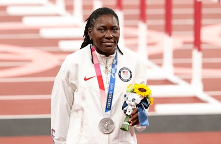 TOKYO, JAPAN - AUGUST 3: Silver Medalist Brittney Reese of USA during the medal ceremony of the Wome...