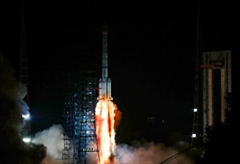 LIANGSHAN, CHINA - AUGUST 06: A Long March-3B carrier rocket carrying Zhongxing-2E satellite blasts ...