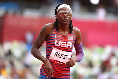 TOKYO, JAPAN - AUGUST 03: Brittney Reese of Team United States looks on while competing in the Women...