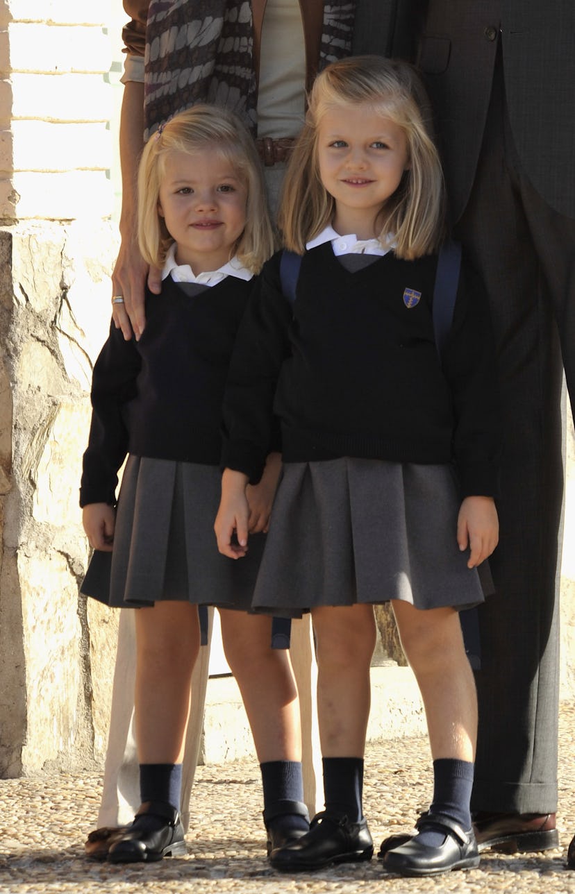 Princess Leonorand Princess Sofia of Spain arrive to their first day of school in school uniforms of...