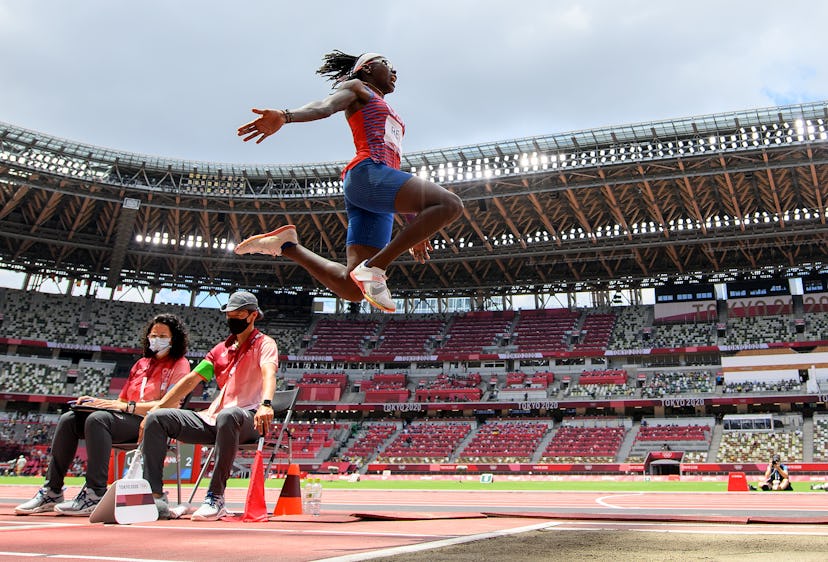 TOKYO, JAPAN - AUGUST 03: Brittney Reese of Team United States competes in the Women's Long Jump Fin...