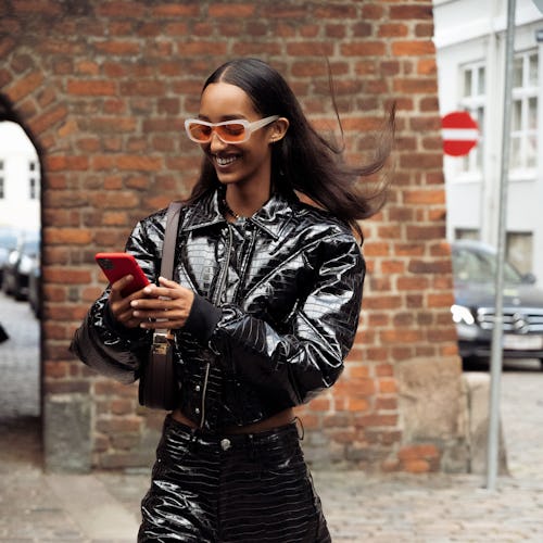 COPENHAGEN, DENMARK - AUGUST 10: Model wearing black leather costume outside Remain during Copenhage...
