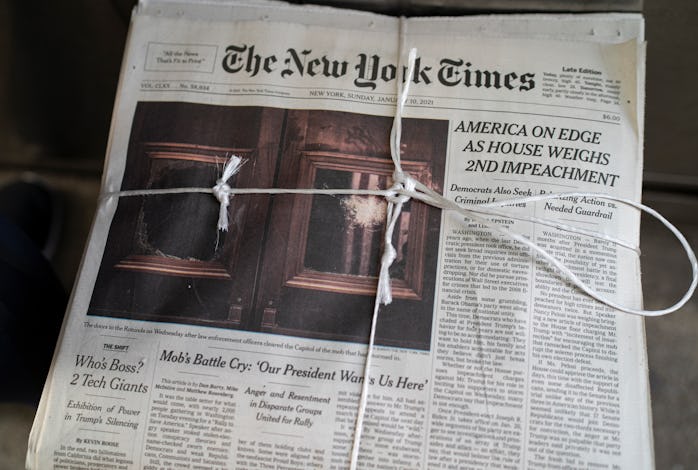NEW YORK, NY - JANUARY 13: Three-day old New York Times newspapers with an image of the Capitol Hill...