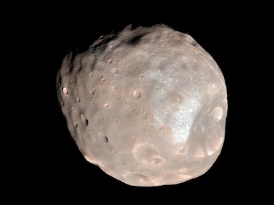 Enhanced-color image of Phobos from the Mars Reconnaissance Orbiter with Stickney crater on the righ...