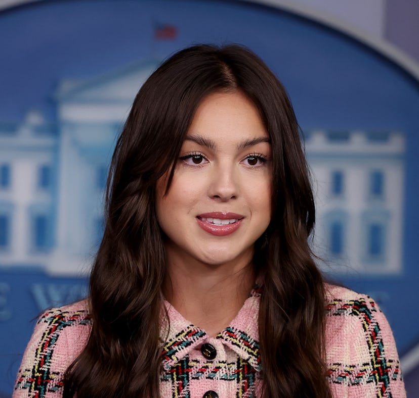 WASHINGTON, DC - JULY 14:  Pop music star and Disney actress Olivia Rodrigo makes a brief statement ...
