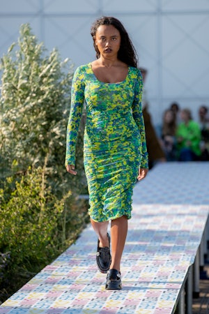 Ganni Spring 2022 offered a new way to dress for staying home, with whimsical prints, bright colors,...
