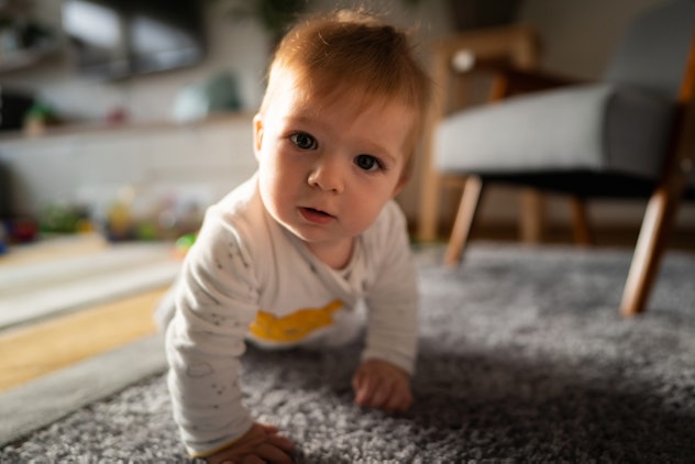 Portrait of a Caucasian baby boy crawling on the floor and looking at the camera.