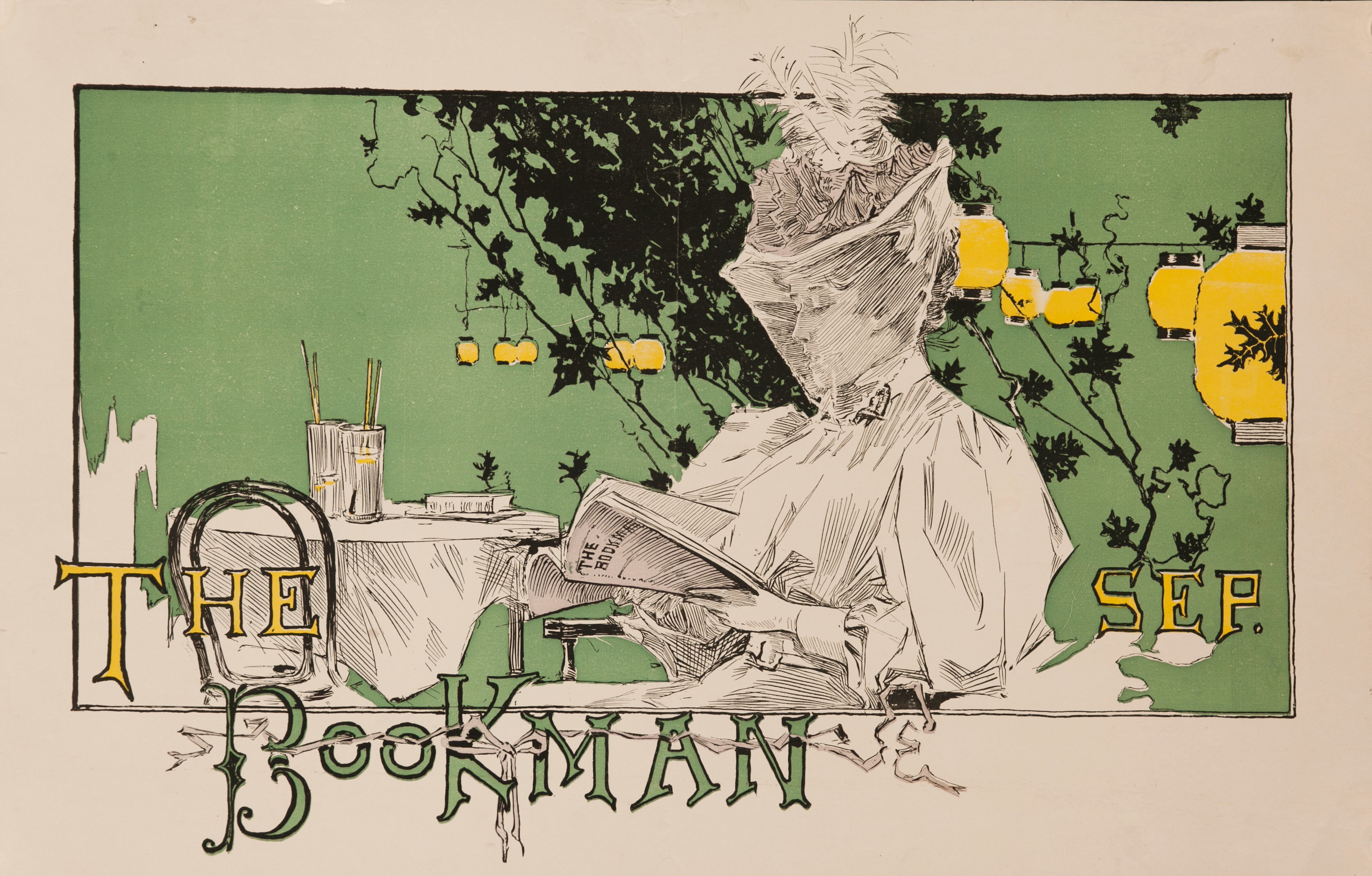 Art Nouveau illustration of veiled woman reading the September issue of The Bookman, Illustrated by ...