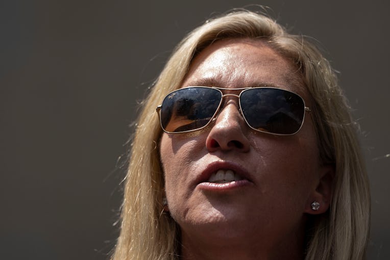 WASHINGTON, DC - JULY 27: Rep. Marjorie Taylor Greene (R-GA) speaks during a news conference outside...