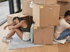 two roommates who might have a toxic relationship surrounded by boxes in their apartment.